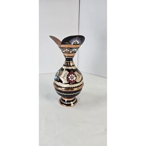 Persian Minakari Copper Vase Hand-Painted Floral Enamel Black 6.5in